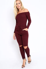 Wine Ribbed Rip Knee Jumpsuit - Chyna-Jumpsuits