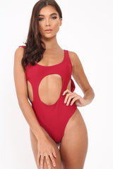 Wine Round Cutout Backless Swimsuit - Rinda-Swimsuits