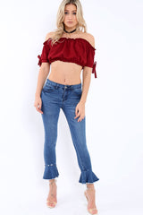 Wine Ruched Bardot Gypsy Crop Top - Janette-Crop Tops