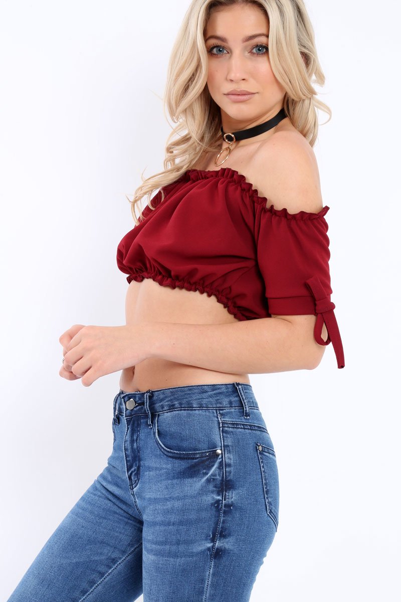 Wine Ruched Bardot Gypsy Crop Top - Janette-Crop Tops