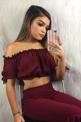 Wine Ruched Bardot Gypsy Crop Top - Janette-Crop Tops
