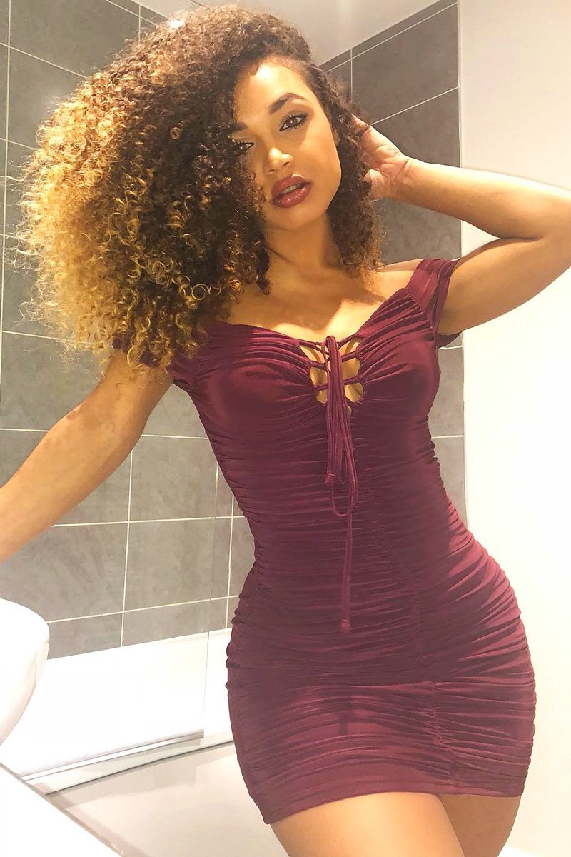 Wine Ruched Slinky Lace Up Dress - Rosina-Dresses