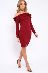 Wine Ruffle Bardot Bodycon Dress - Alix-Dresses