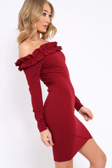 Wine Ruffle Bardot Bodycon Dress - Alix-Dresses