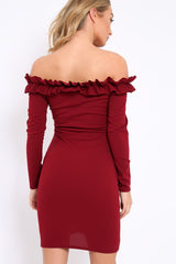 Wine Ruffle Bardot Bodycon Dress - Alix-Dresses