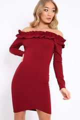 Wine Ruffle Bardot Bodycon Dress - Alix-Dresses