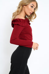 Wine Ruffle Bardot Crop Top - Milly-Crop Tops