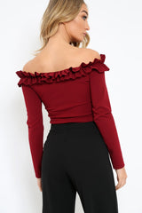 Wine Ruffle Bardot Crop Top - Milly-Crop Tops