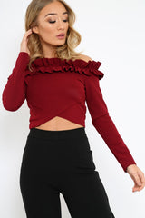 Wine Ruffle Bardot Crop Top - Milly-Crop Tops