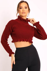 Wine Ruffle Hem Chunky Knit Crop Jumper - Alannah-Crop Jumper