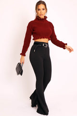 Wine Ruffle Hem Chunky Knit Crop Jumper - Alannah-Crop Jumper