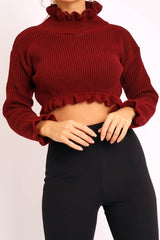 Wine Ruffle Hem Chunky Knit Crop Jumper - Alannah-Crop Jumper