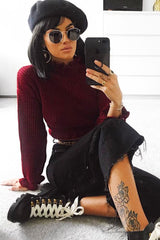 Wine Ruffle Hem Chunky Knit Crop Jumper - Alannah-Crop Jumper