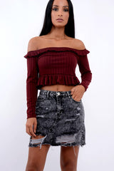 Wine Ruffle Hem Ribbed Bardot Crop Top - Kaitlyn-Crop Tops