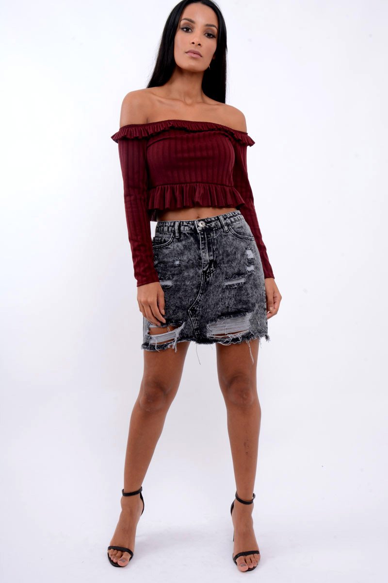 Wine Ruffle Hem Ribbed Bardot Crop Top - Kaitlyn-Crop Tops