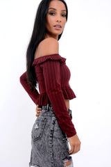 Wine Ruffle Hem Ribbed Bardot Crop Top - Kaitlyn-Crop Tops