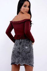 Wine Ruffle Hem Ribbed Bardot Crop Top - Kaitlyn-Crop Tops