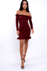 Wine Ruffle Hem Ribbed Bardot Mini Dress - Destiny-Dresses