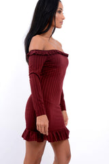 Wine Ruffle Hem Ribbed Bardot Mini Dress - Destiny-Dresses