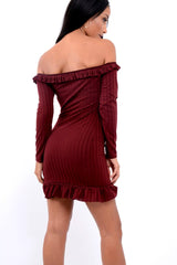 Wine Ruffle Hem Ribbed Bardot Mini Dress - Destiny-Dresses