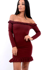 Wine Ruffle Hem Ribbed Bardot Mini Dress - Destiny-Dresses