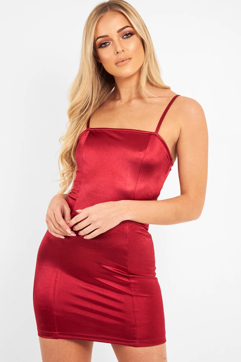 Wine Satin Bodycon Cut Out Back Dress - Shannie-Dresses