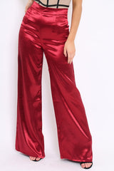 Wine Satin High Waist Flare Trousers -Tisha-Trousers