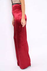 Wine Satin High Waist Flare Trousers -Tisha-Trousers