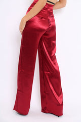 Wine Satin High Waist Flare Trousers -Tisha-Trousers