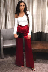 Wine Satin High Waist Flare Trousers -Tisha-Trousers
