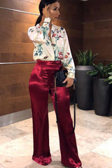 Wine Satin High Waist Flare Trousers -Tisha-Trousers