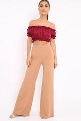 Wine Satin Ruched Bardot Gypsy Crop Top - Becky-Crop Tops
