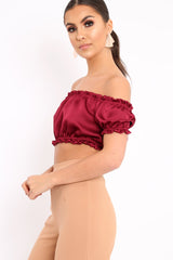 Wine Satin Ruched Bardot Gypsy Crop Top - Becky-Crop Tops