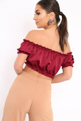 Wine Satin Ruched Bardot Gypsy Crop Top - Becky-Crop Tops