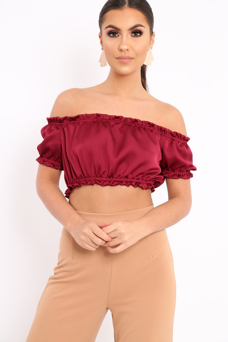 Wine Satin Ruched Bardot Gypsy Crop Top - Becky-Crop Tops