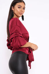 Wine Satin Ruffle Sleeve Wrapover Top - Susie-Tops