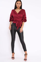 Wine Satin Ruffle Sleeve Wrapover Top - Susie-Tops