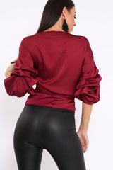 Wine Satin Ruffle Sleeve Wrapover Top - Susie-Tops