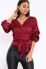 Wine Satin Ruffle Sleeve Wrapover Top - Susie-Tops