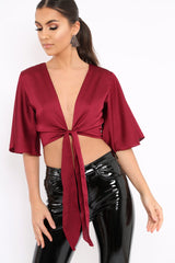 Wine Satin Tie Crop Top - Alara-Crop Tops