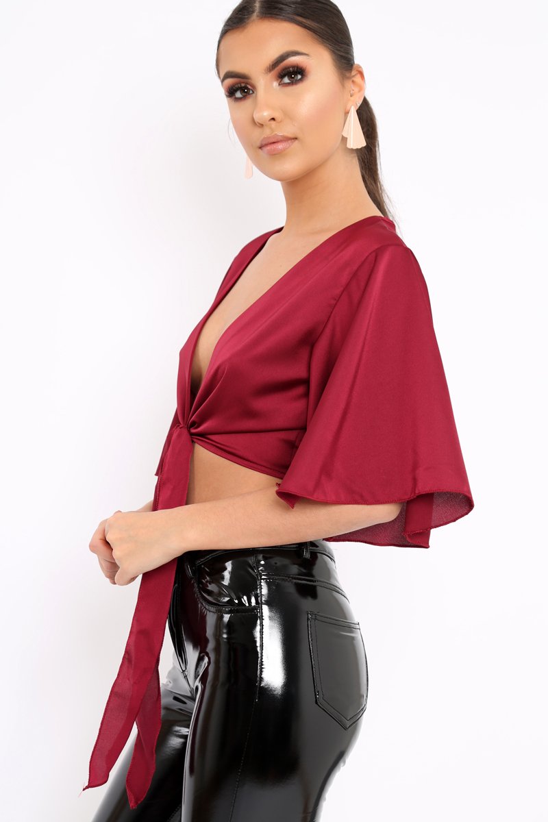 Wine Satin Tie Crop Top - Alara-Crop Tops