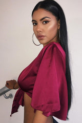 Wine Satin Tie Crop Top - Alara-Crop Tops