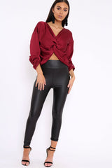 Wine Satin Twist Knot Front Top - Susanne-Tops