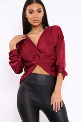 Wine Satin Twist Knot Front Top - Susanne-Tops