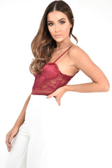 Wine Scalloped Lace Satin Bodysuit - Jeriah-Bodysuits