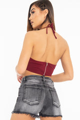 Wine Sequin Halter Neck Split Front Crop Top - Reese-Crop Tops