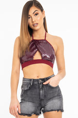 Wine Sequin Halter Neck Split Front Crop Top - Reese-Crop Tops