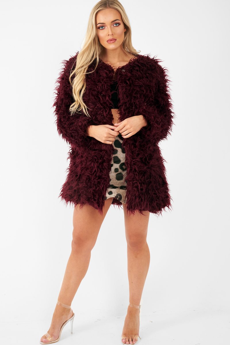 Wine Shaggy Faux Fur Coat - Evalina-Coats