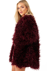 Wine Shaggy Faux Fur Coat - Evalina-Coats