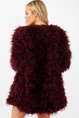 Wine Shaggy Faux Fur Coat - Evalina-Coats